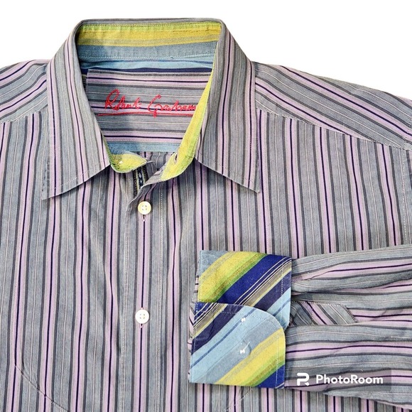 Robert Graham XL‎ Men's Button Shirt Purple Striped Flip Cuff Embroidered - Picture 1 of 6